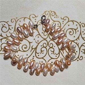 Vintage 925 Sterling Silver Natural Genuine White Pink Freshwater Pearl Bracelet